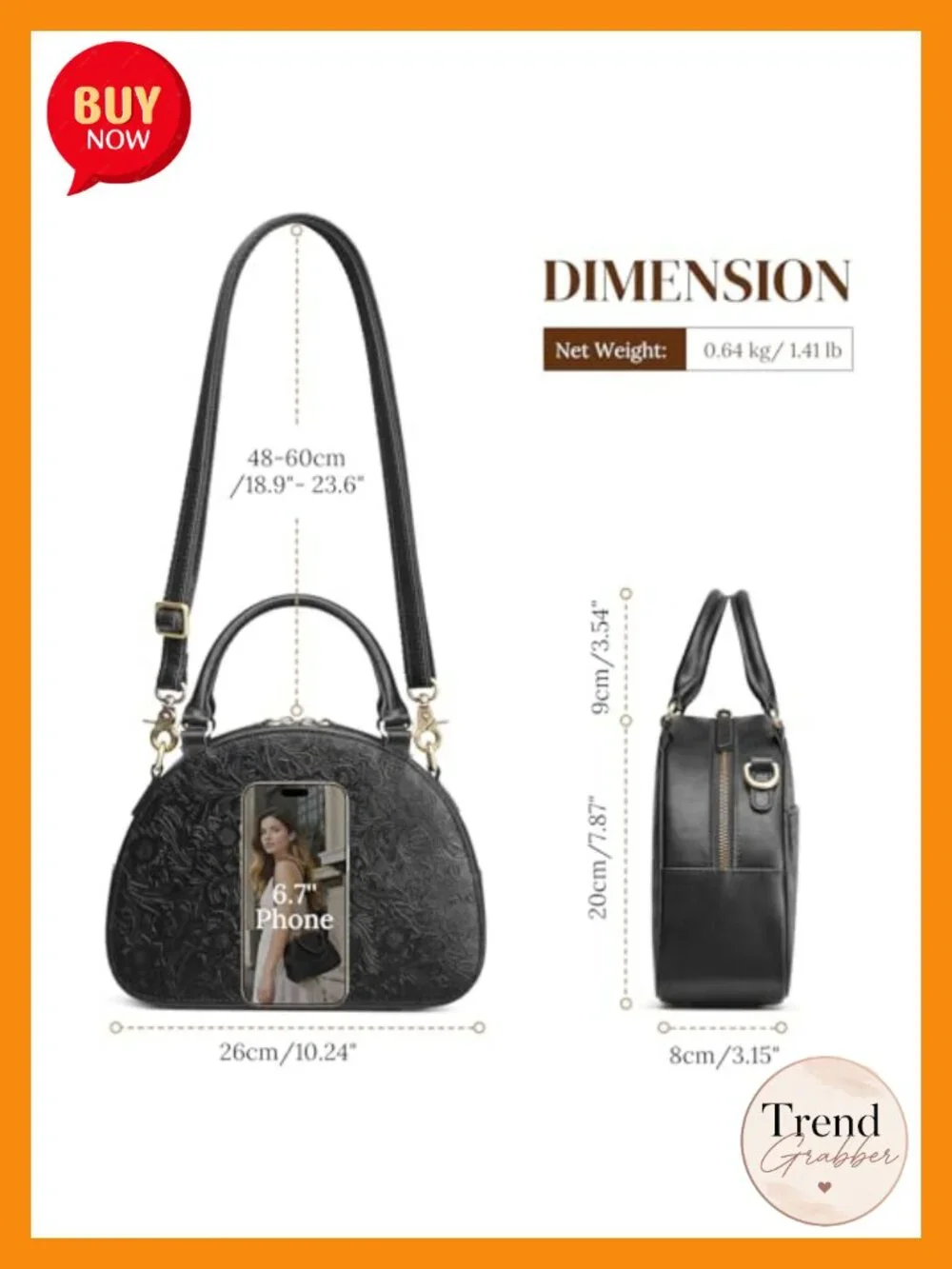 Genuine Leather Crossbody Satchel with Rose Embossed Design